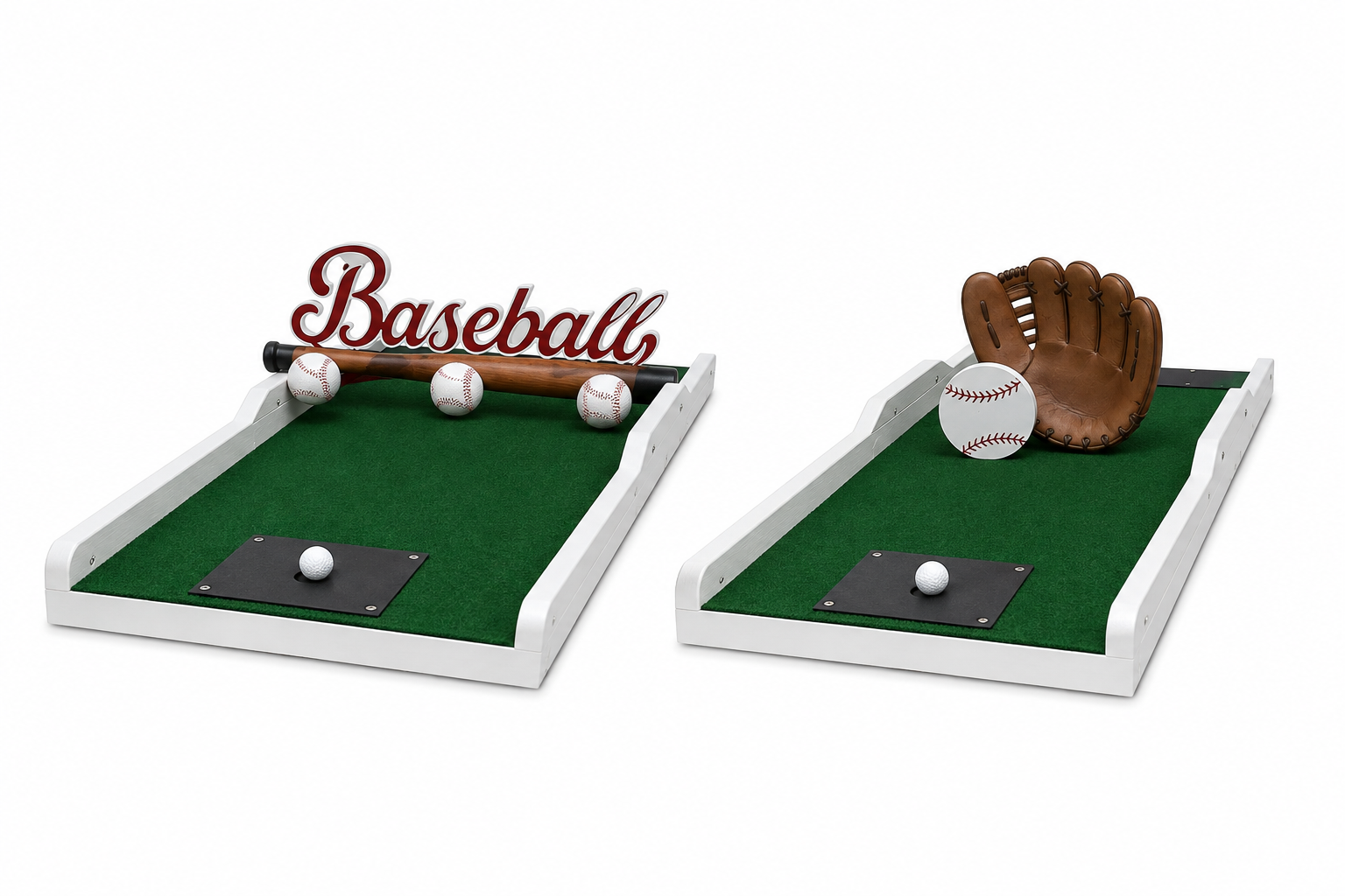 Baseball themed mini golf obstacles with bat, glove and balls