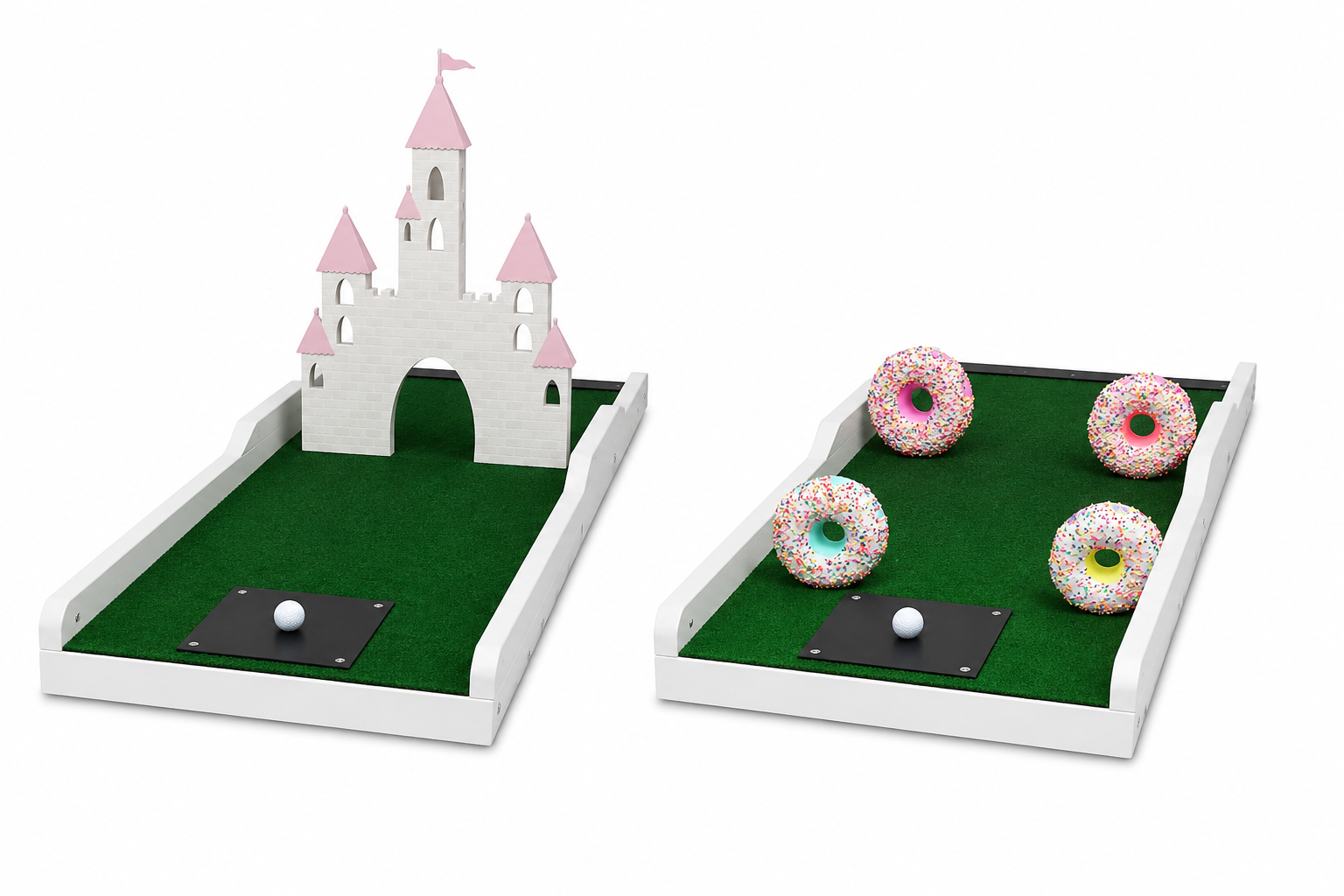 Princess castle and colorful donut mini golf obstacles