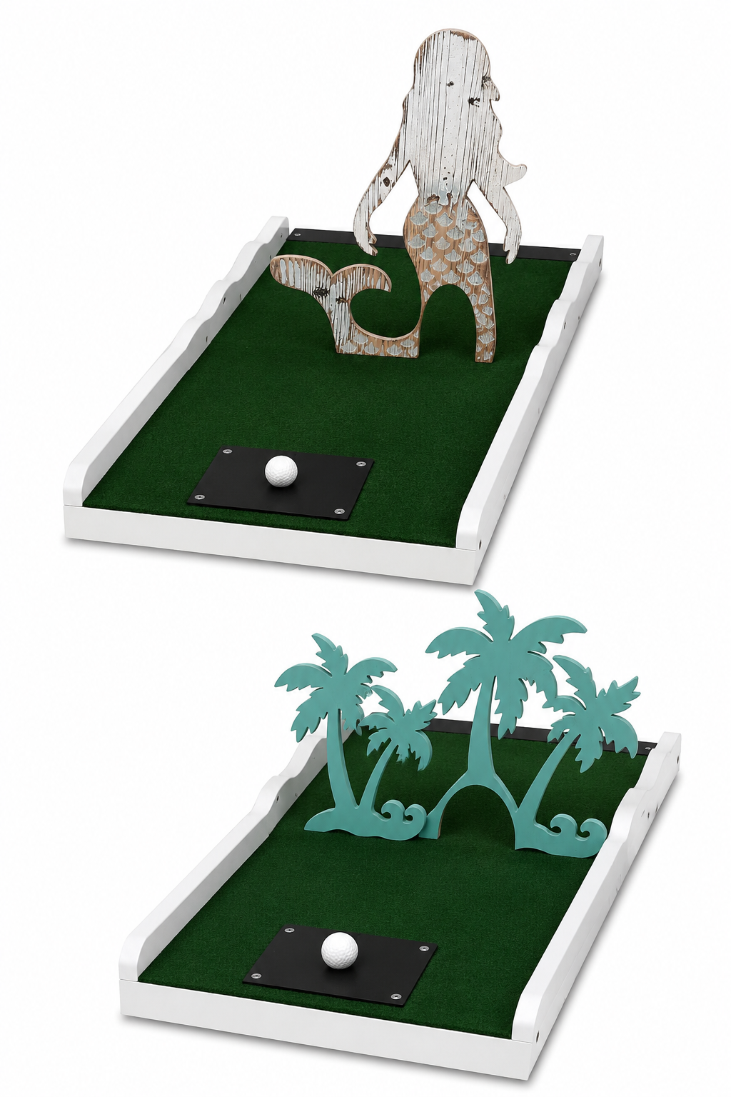 Mermaid and palm tree themed mini golf obstacles