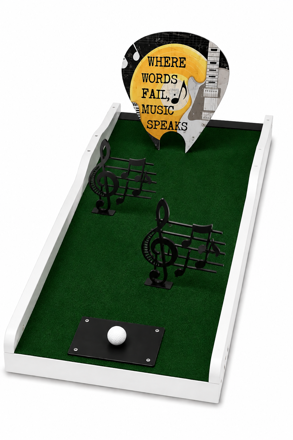 Music notes themed mini golf obstacle with guitar pick sign