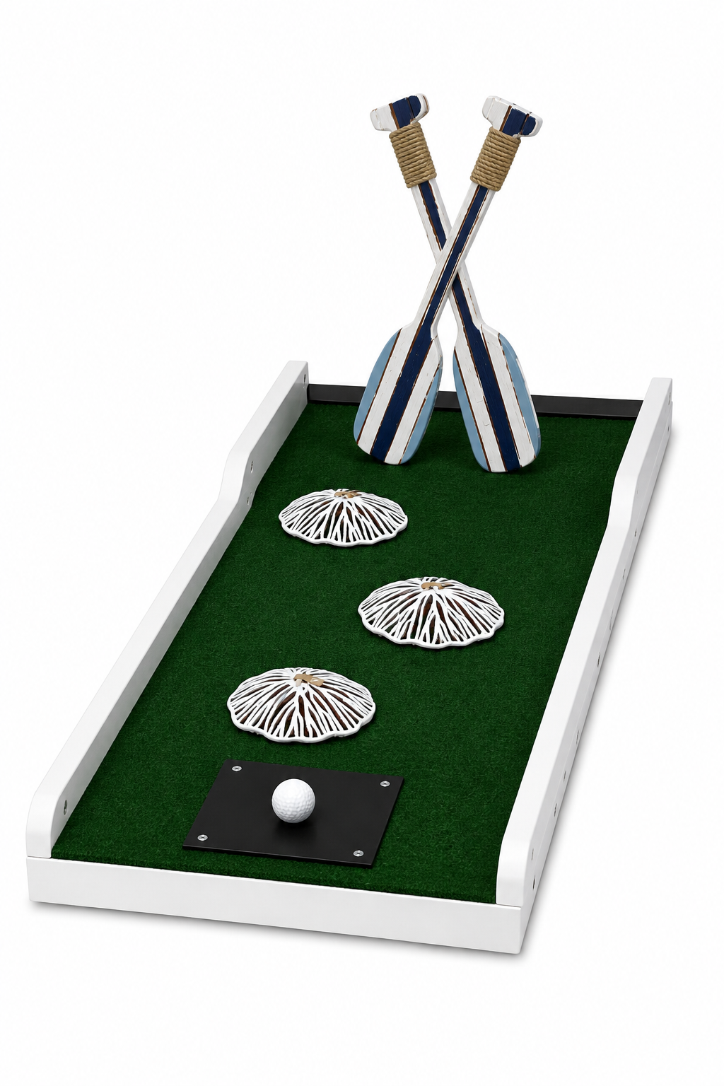 Nautical crossed oars and seashell mini golf obstacle