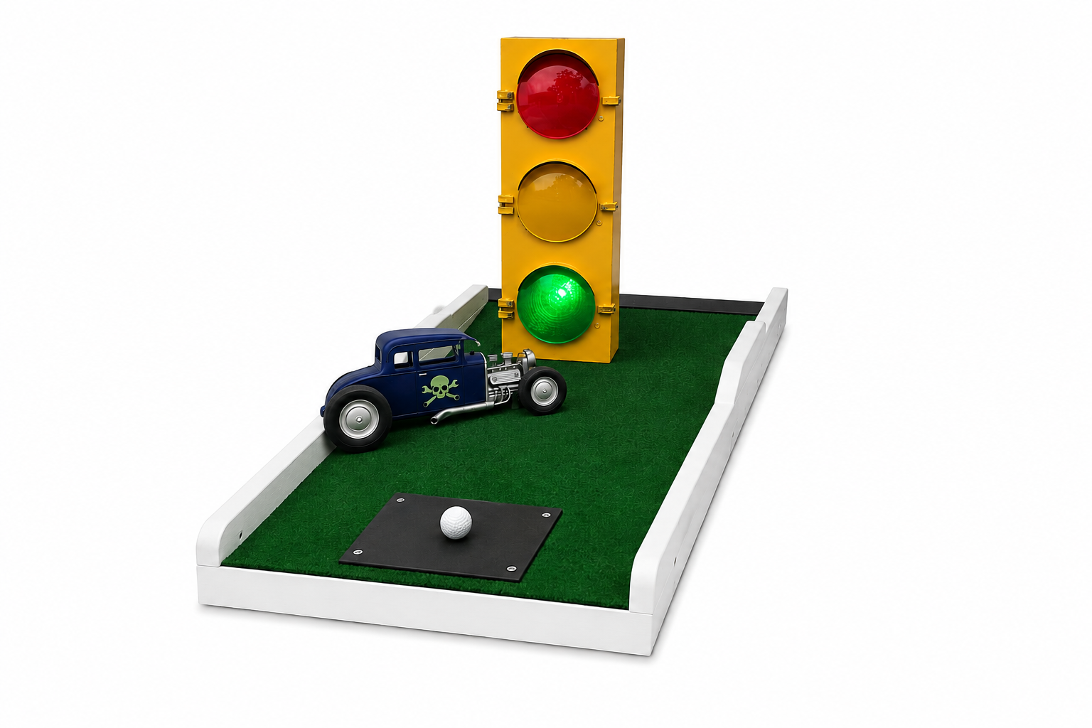 Traffic light and hot rod car mini golf obstacle
