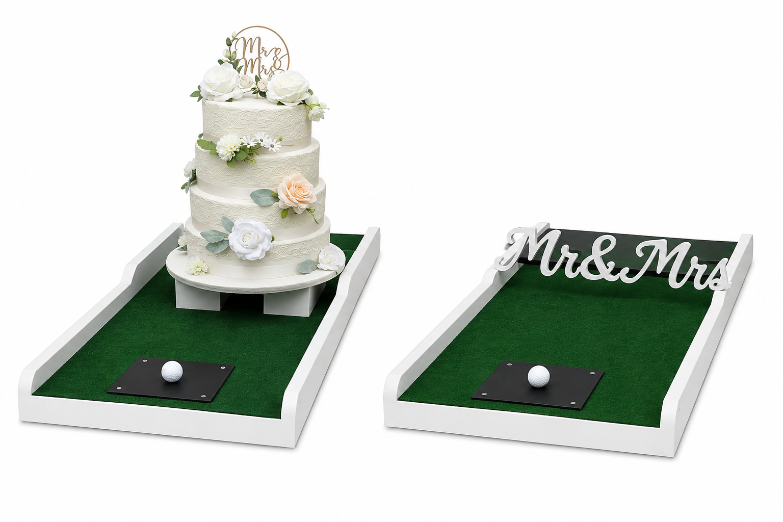 Wedding cake and Mr & Mrs sign mini golf obstacles