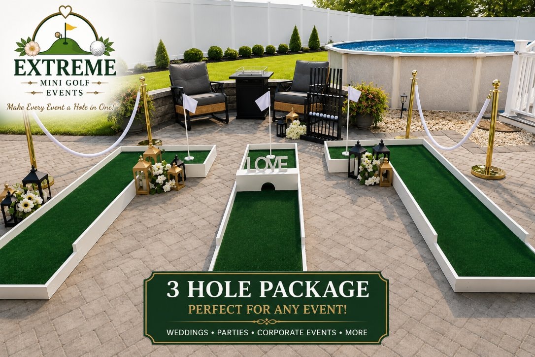3-hole portable mini golf package setup with gold stanchions and LOVE obstacle — perfect for weddings and cocktail hours