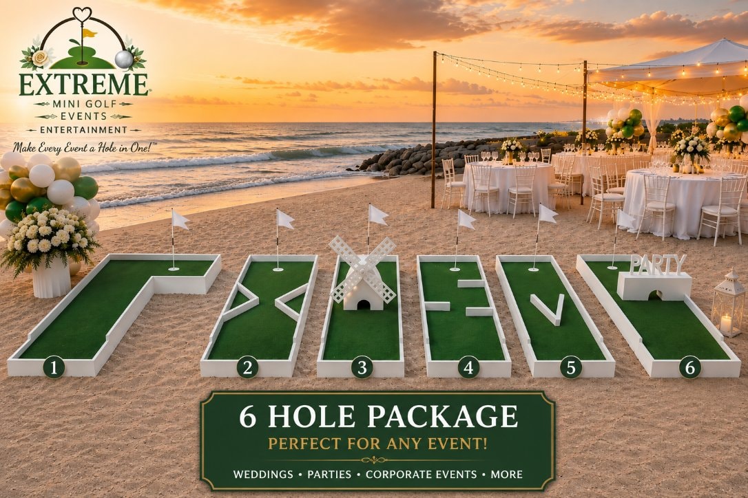 6-hole portable mini golf package on a beach at sunset with wedding reception setup in background