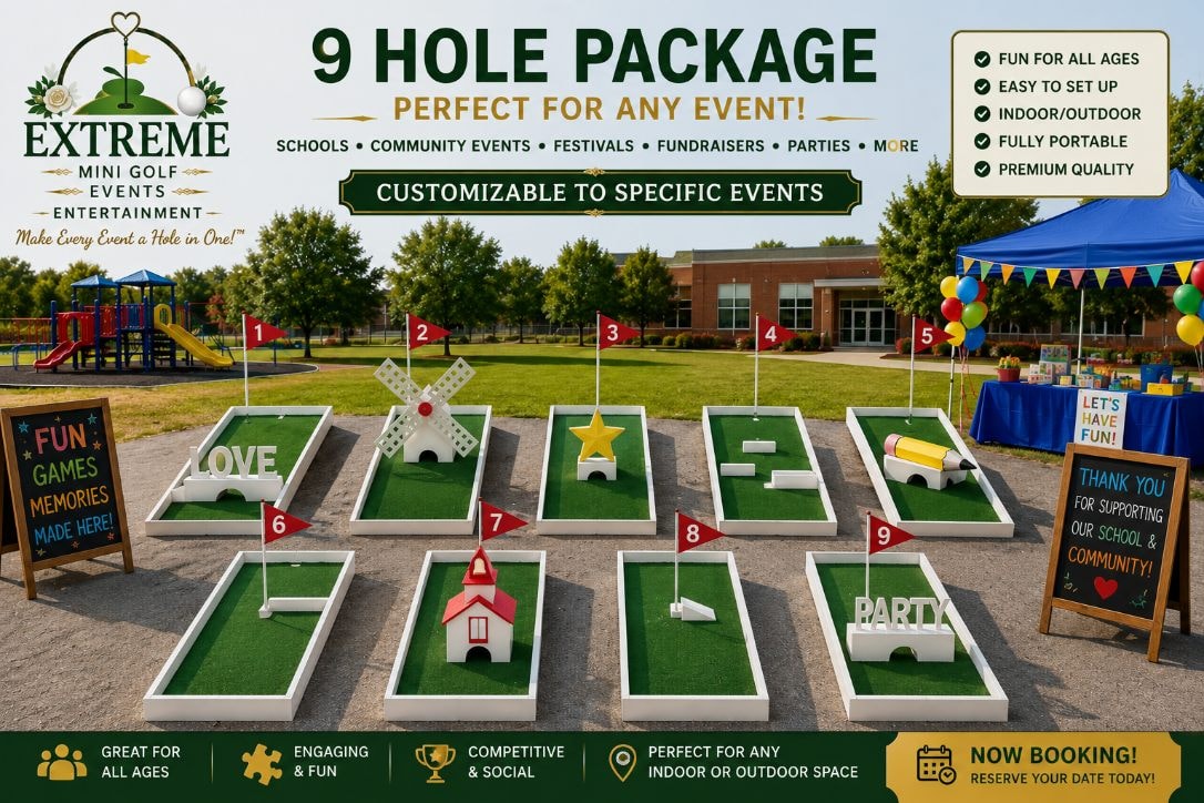 9-hole portable mini golf package at a school fundraiser — customizable to specific events, fun for all ages