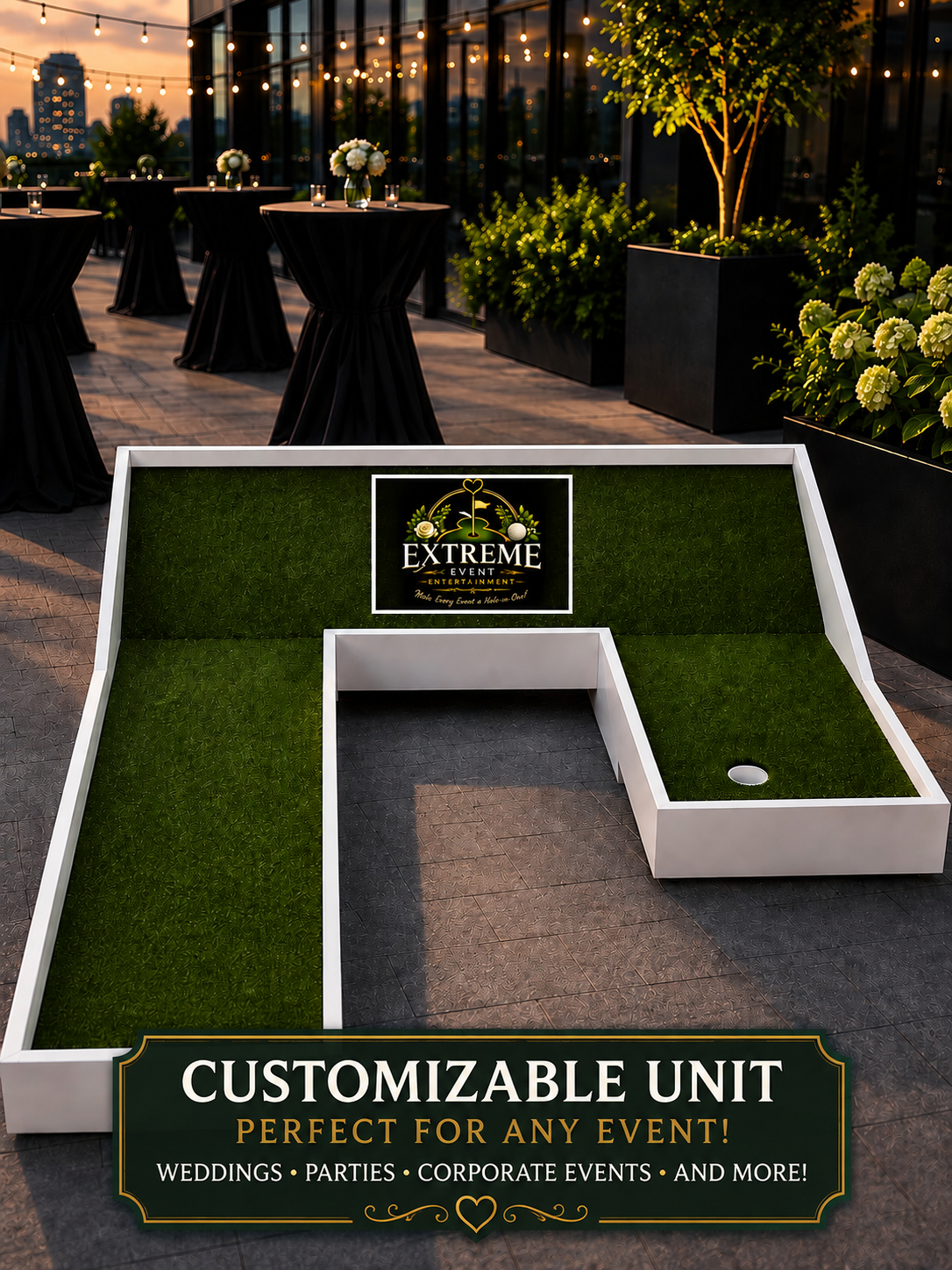 Customizable mini golf unit on rooftop event venue with Extreme Event Entertainment logo dead center — perfect for weddings, parties, and corporate events